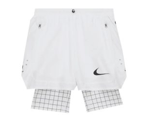 Nike x Off-White Shorts 'White' with a layered grid-pattern compression underlayer and black Swoosh logo, photographed against a white background